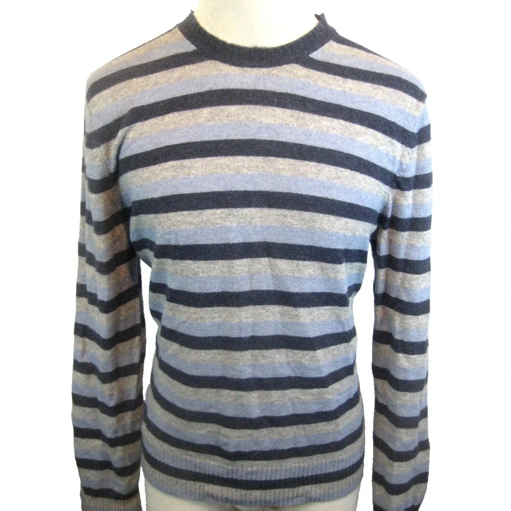 Mens Banana Republic Merino Wool Blue Gray Stripe Crew Neck Sweater sz Lg